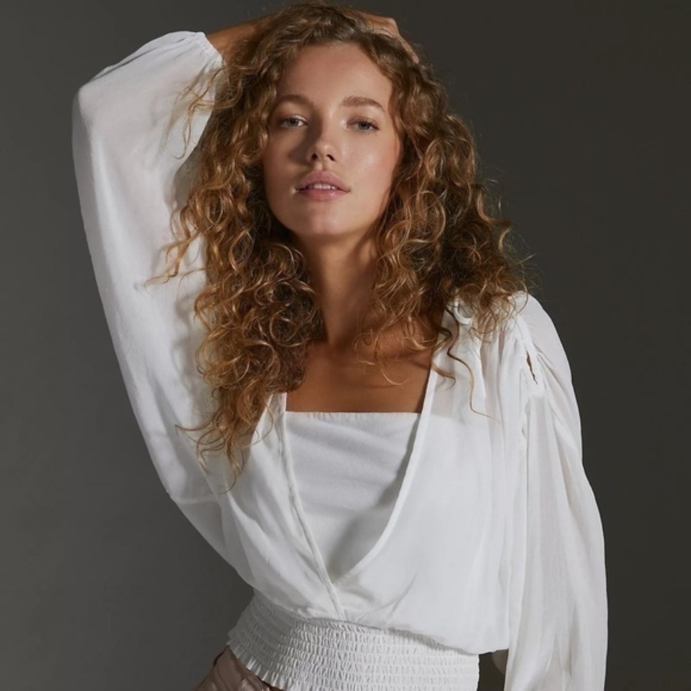 Anthropologie Sheer Peasant White Top Smocked Lined